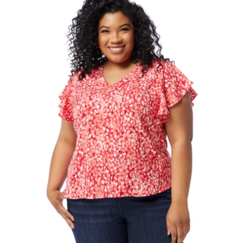 Liverpool Red and White Flutter Sleeve Blouse